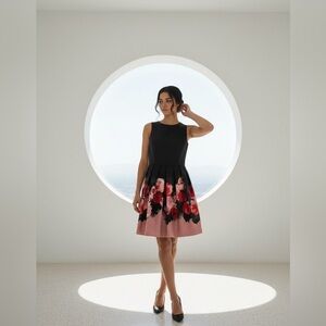 Chic Floral Black and Pink Midi Dress